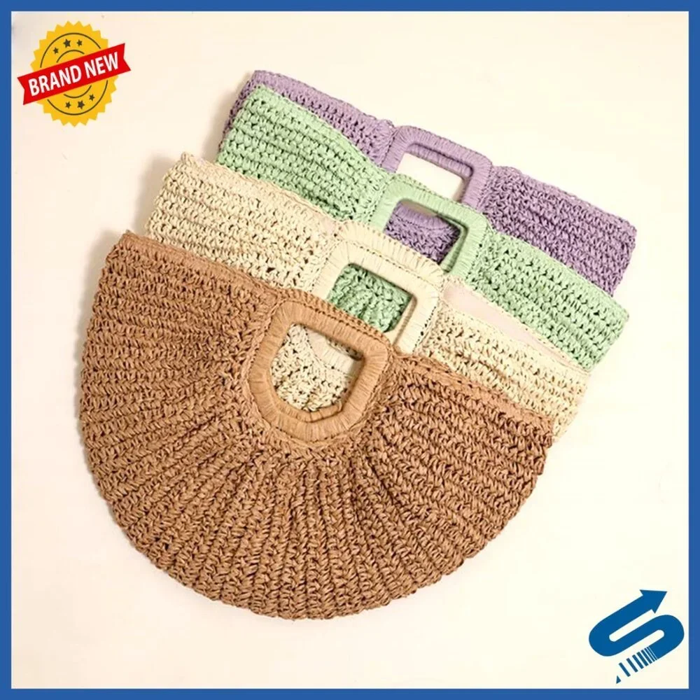 Straw Woven Tote Bag Geometric Handles Beach Holiday Purse Boho Chic